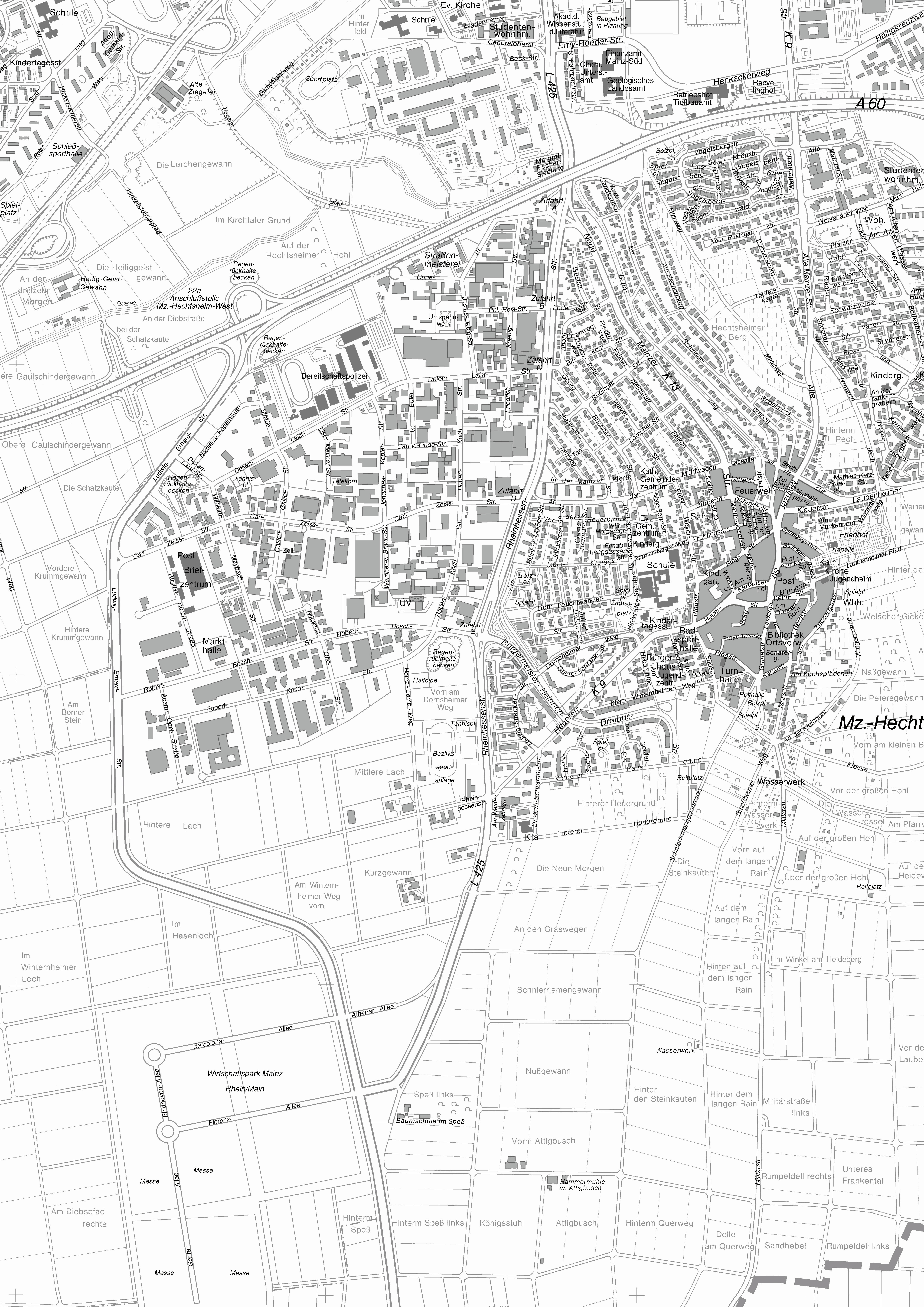 Bild: „Vergrößerung des amtlichen Ortsplan Hechtsheim der Landeshauptstadt Mainz mit Genehmigung des Vermessungsamtes, Nr. 26/05“